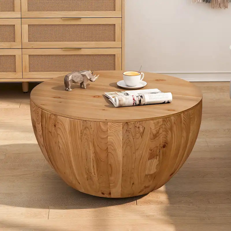 Natural Wood Barrel Round Coffee Table with Hidden Storage Vintage Style