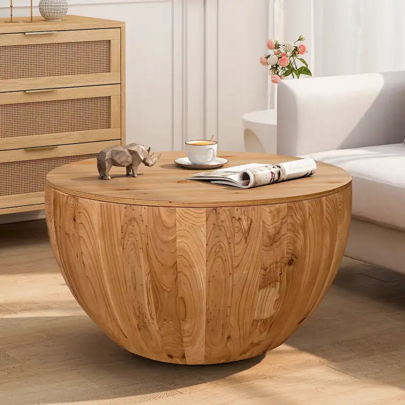 Natural Wood Barrel Round Coffee Table with Hidden Storage Vintage Style