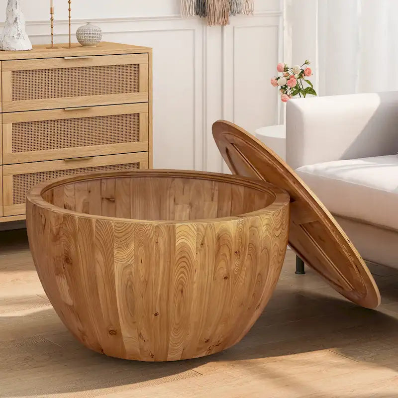 Natural Wood Barrel Round Coffee Table with Hidden Storage Vintage Style