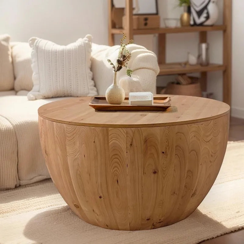 Natural Wood Barrel Round Coffee Table with Hidden Storage Vintage Style
