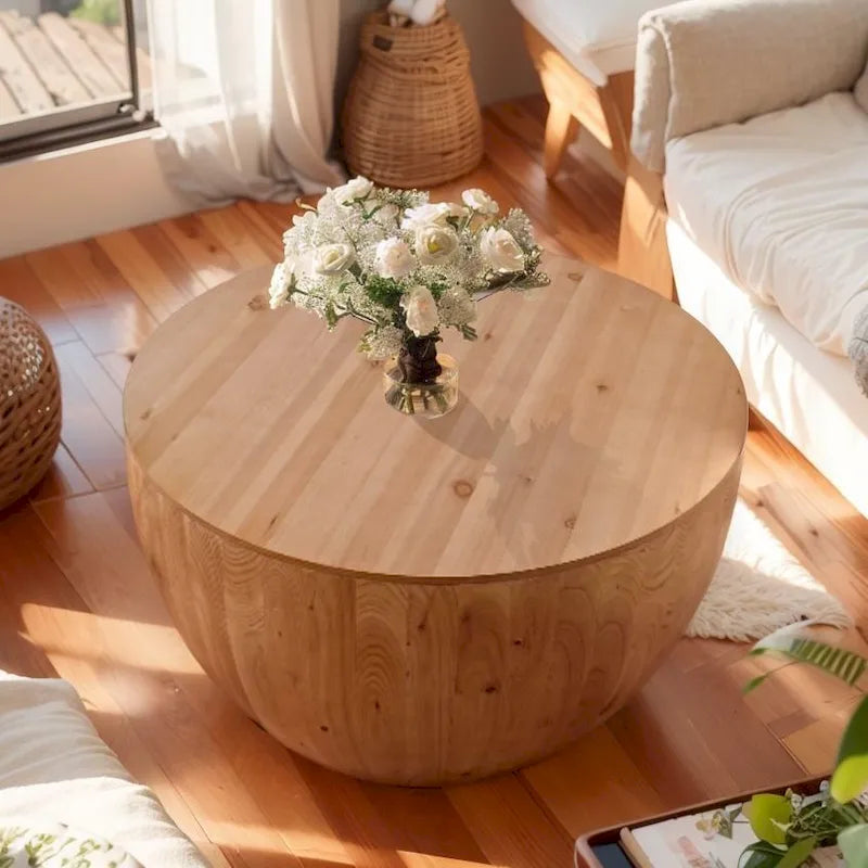 Natural Wood Barrel Round Coffee Table with Hidden Storage Vintage Style