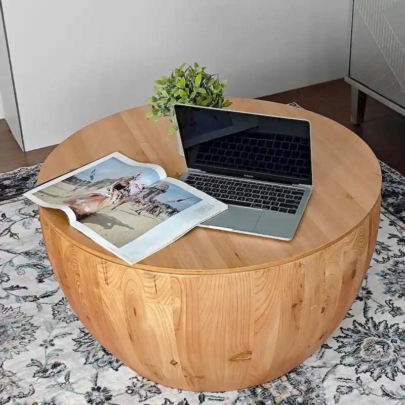 Natural Wood Barrel Round Coffee Table with Hidden Storage Vintage Style