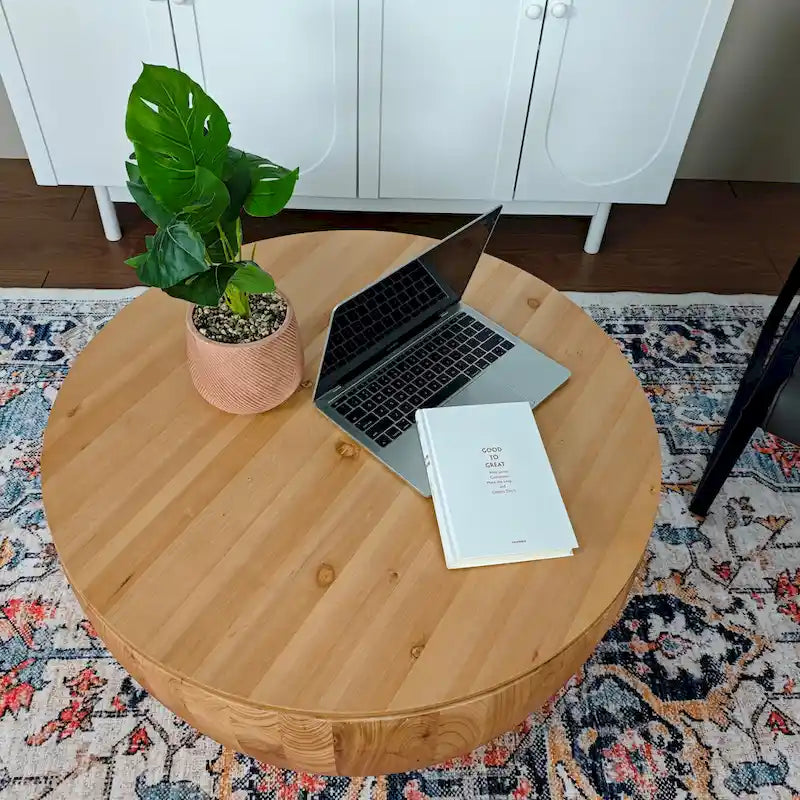 Natural Wood Barrel Round Coffee Table with Hidden Storage Vintage Style
