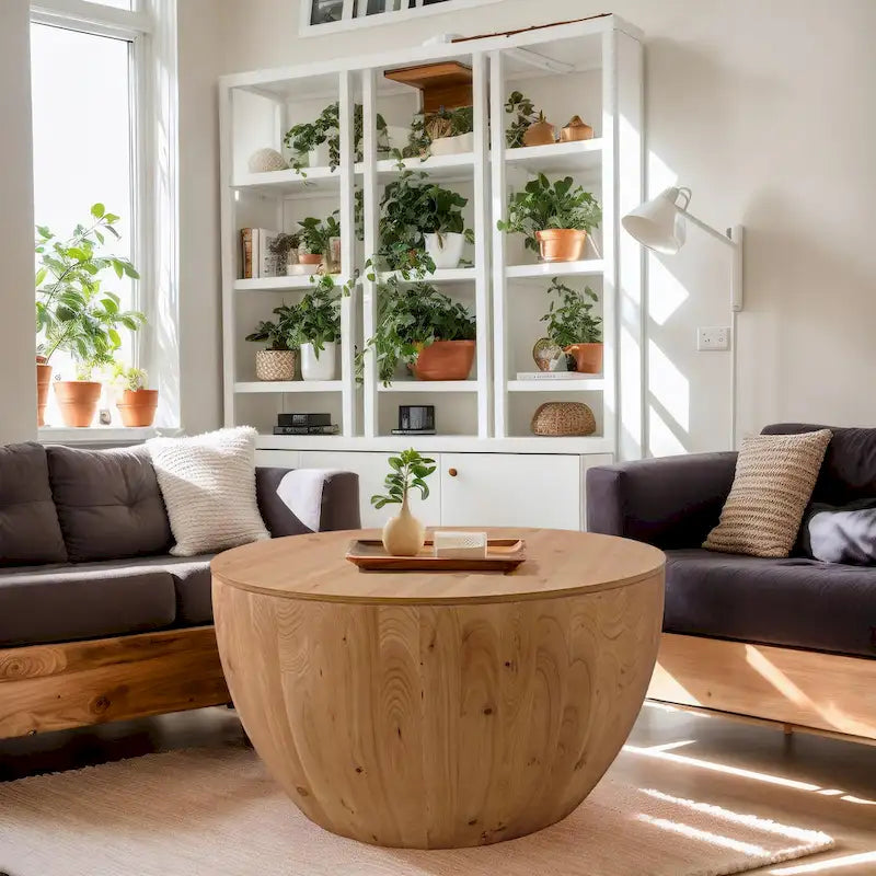 Natural Wood Barrel Round Coffee Table with Hidden Storage Vintage Style