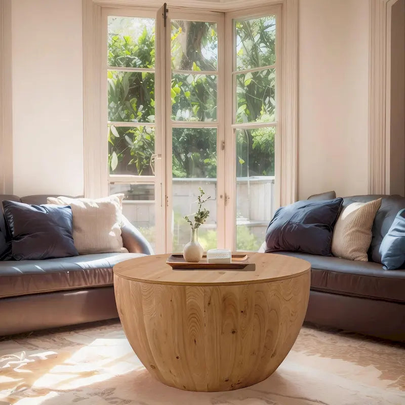 Natural Wood Barrel Round Coffee Table with Hidden Storage Vintage Style