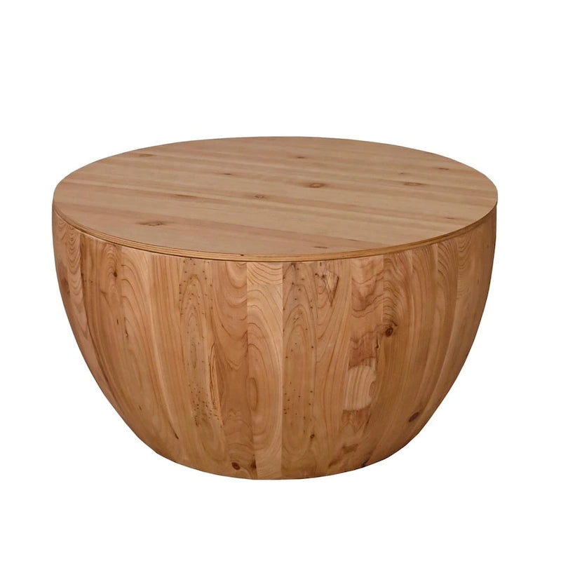 Natural Wood Barrel Round Coffee Table with Hidden Storage Vintage Style