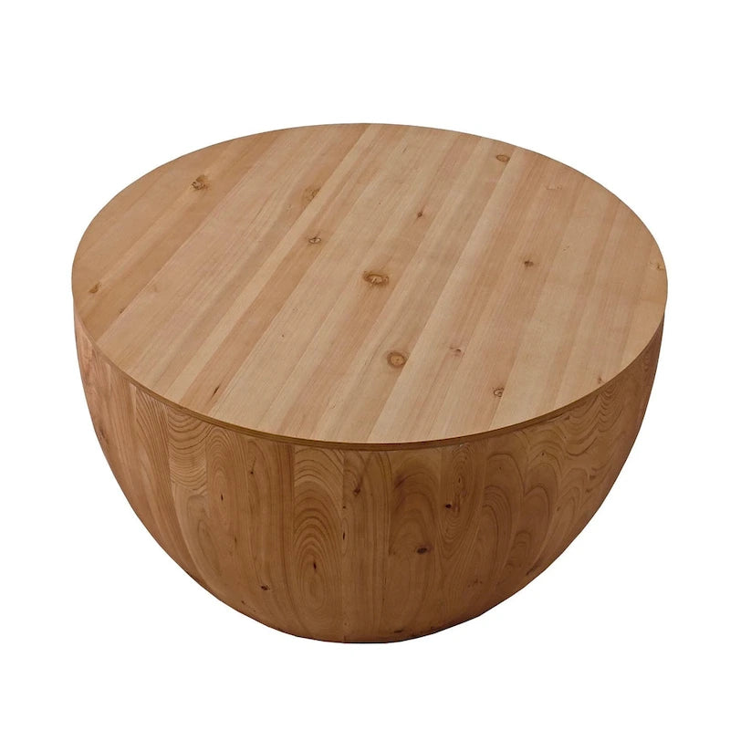 Natural Wood Barrel Round Coffee Table with Hidden Storage Vintage Style