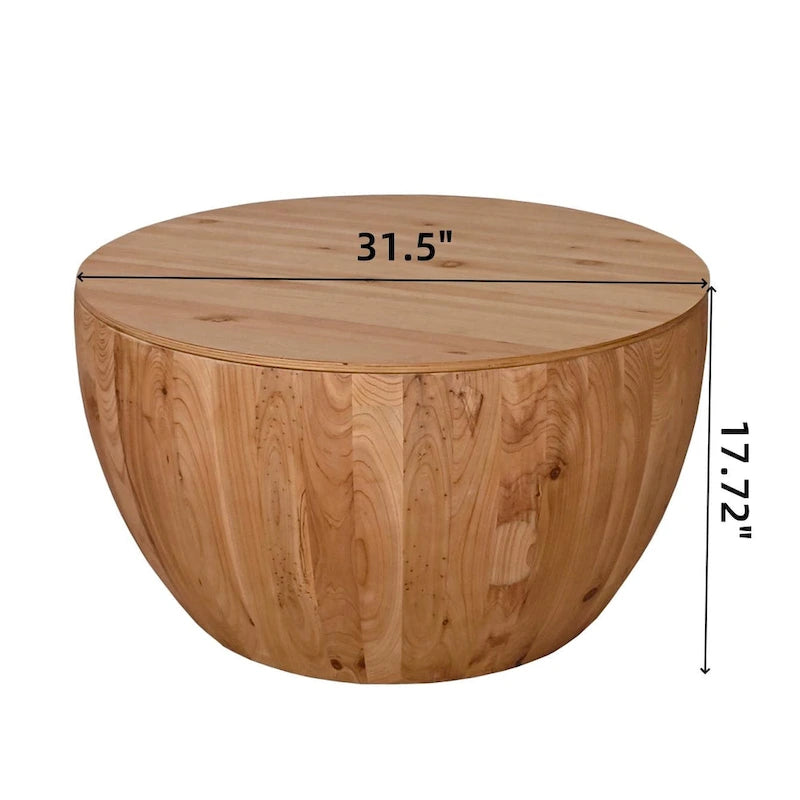 Natural Wood Barrel Round Coffee Table with Hidden Storage Vintage Style