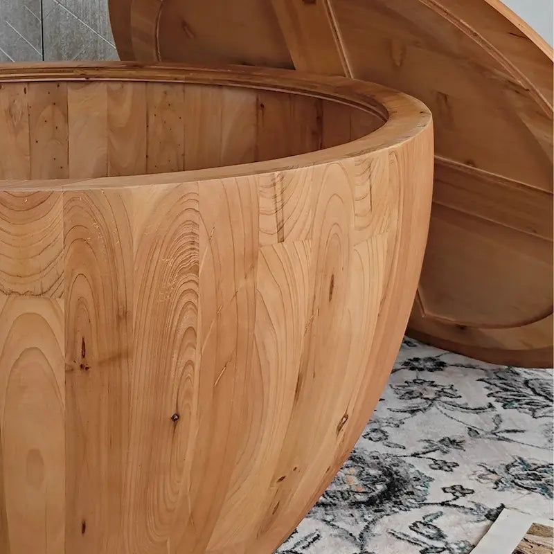 Natural Wood Barrel Round Coffee Table with Hidden Storage Vintage Style