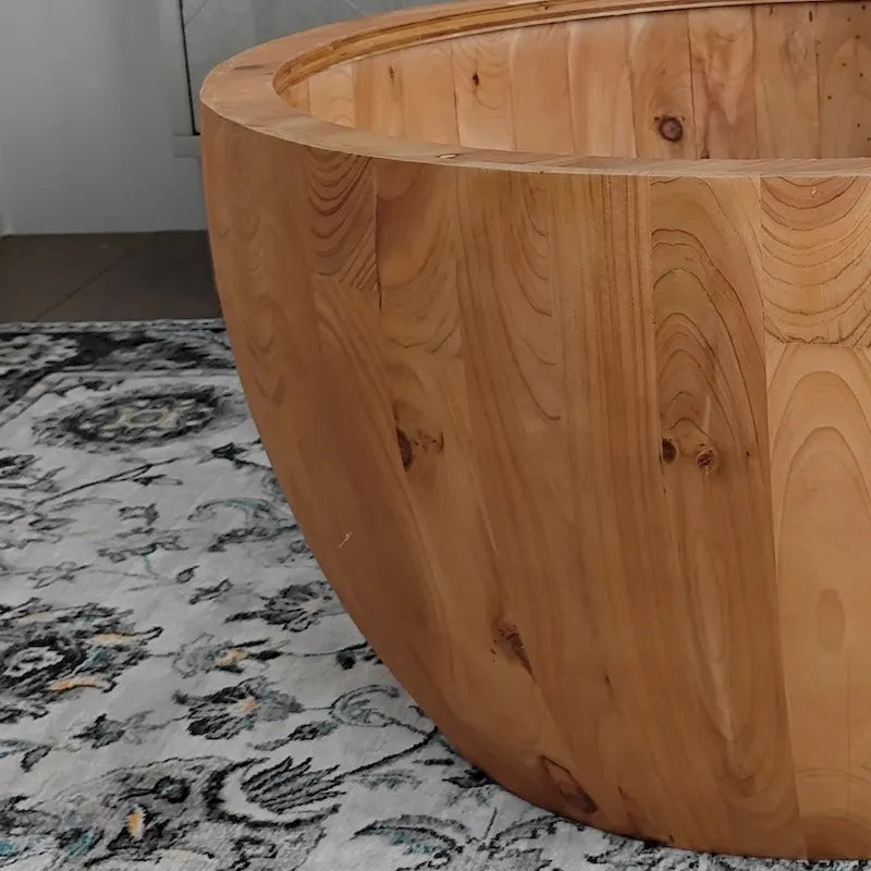Natural Wood Barrel Round Coffee Table with Hidden Storage Vintage Style
