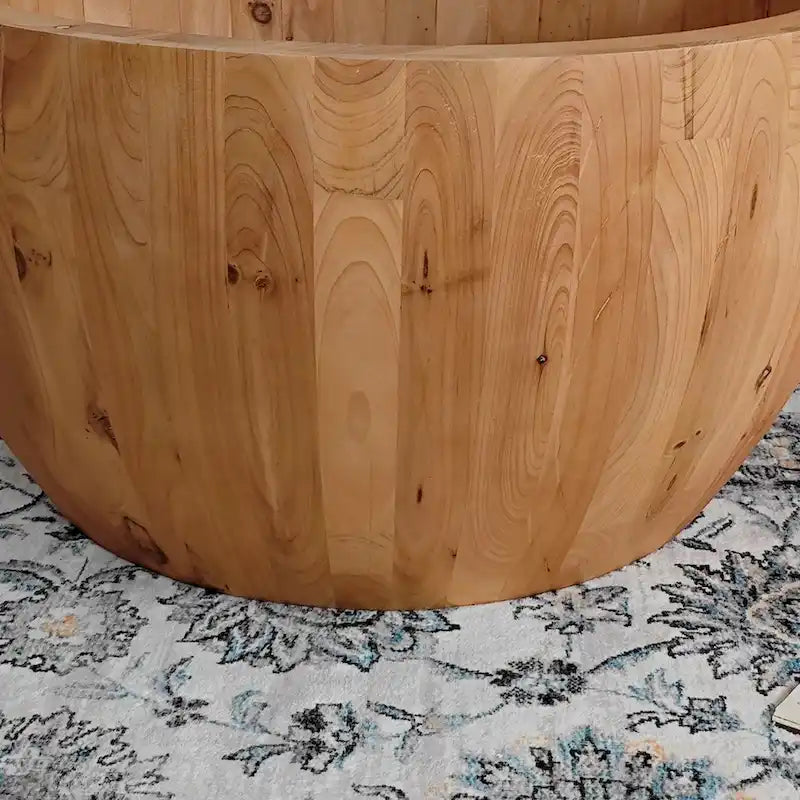 Natural Wood Barrel Round Coffee Table with Hidden Storage Vintage Style