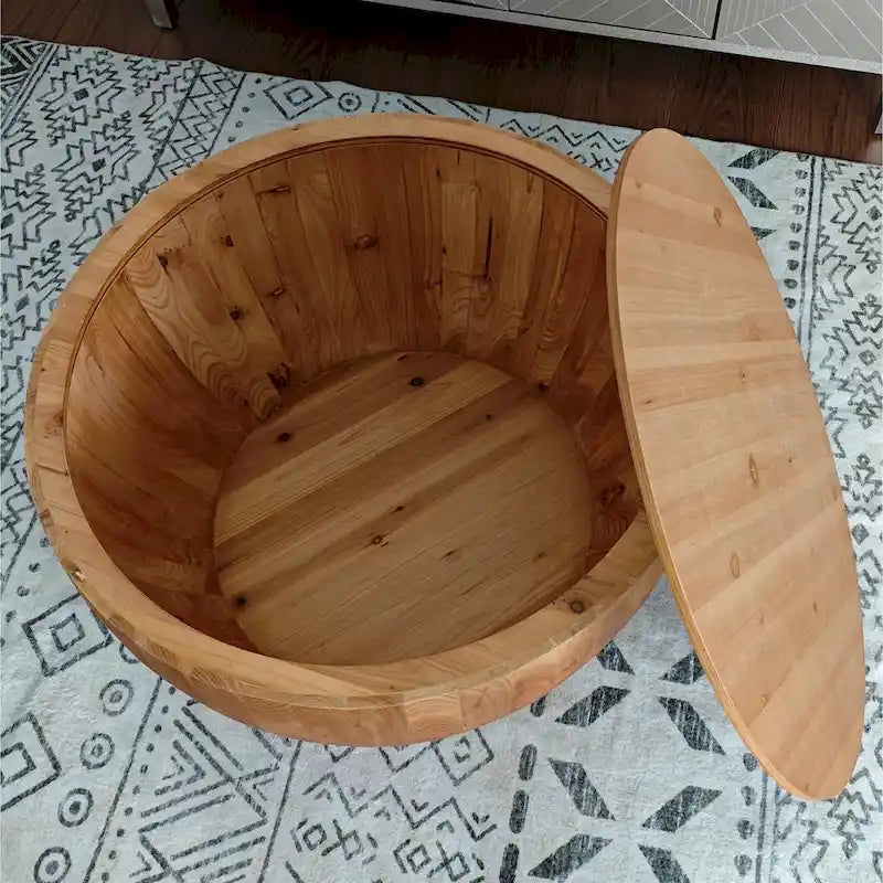Natural Wood Barrel Round Coffee Table with Hidden Storage Vintage Style