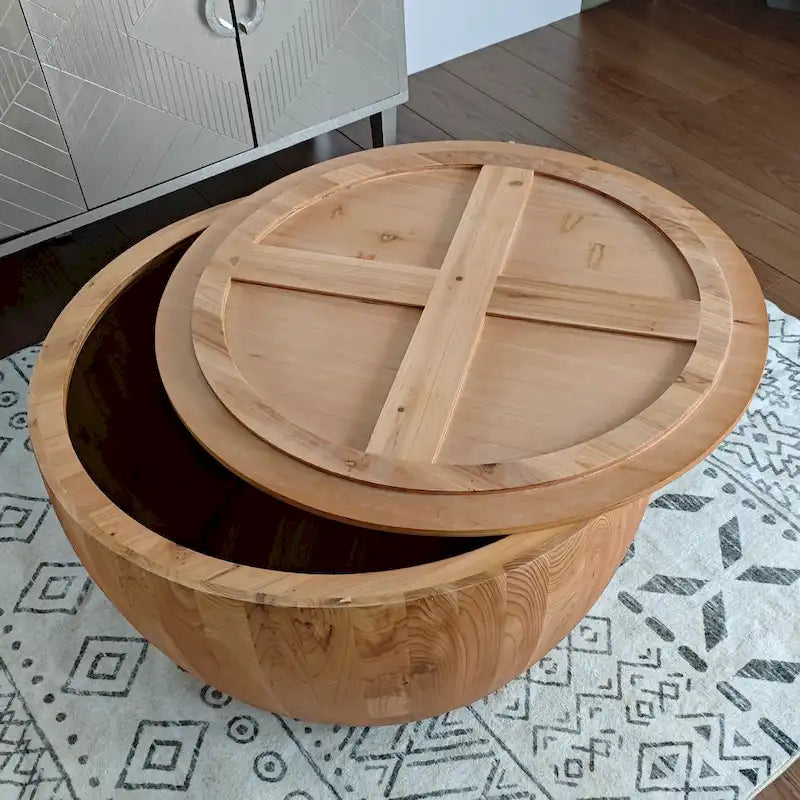 Natural Wood Barrel Round Coffee Table with Hidden Storage Vintage Style