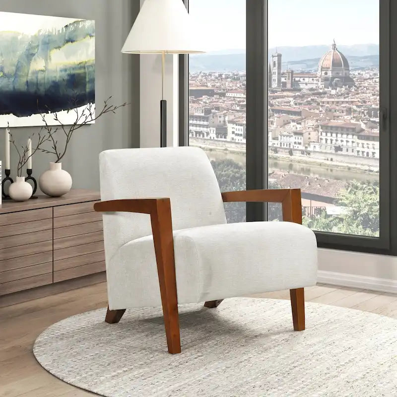 Beige Chenille Accent Armchair Chestnut Wood Arms Mid-Century Modern