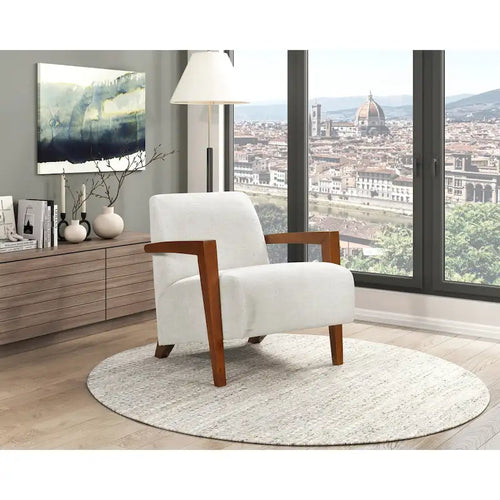Beige Chenille Accent Armchair Chestnut Wood Arms Mid-Century Modern