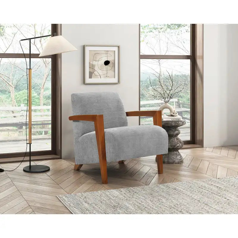 Beige Chenille Accent Armchair Chestnut Wood Arms Mid-Century Modern