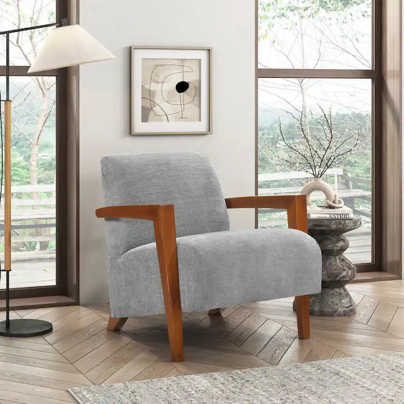 Beige Chenille Accent Armchair Chestnut Wood Arms Mid-Century Modern