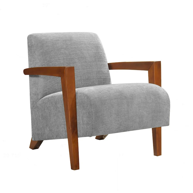 Beige Chenille Accent Armchair Chestnut Wood Arms Mid-Century Modern