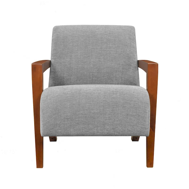Beige Chenille Accent Armchair Chestnut Wood Arms Mid-Century Modern