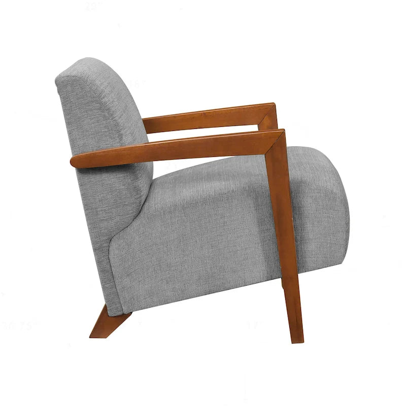 Beige Chenille Accent Armchair Chestnut Wood Arms Mid-Century Modern