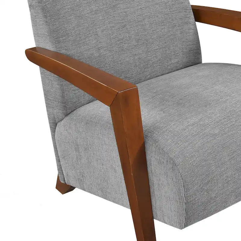 Beige Chenille Accent Armchair Chestnut Wood Arms Mid-Century Modern