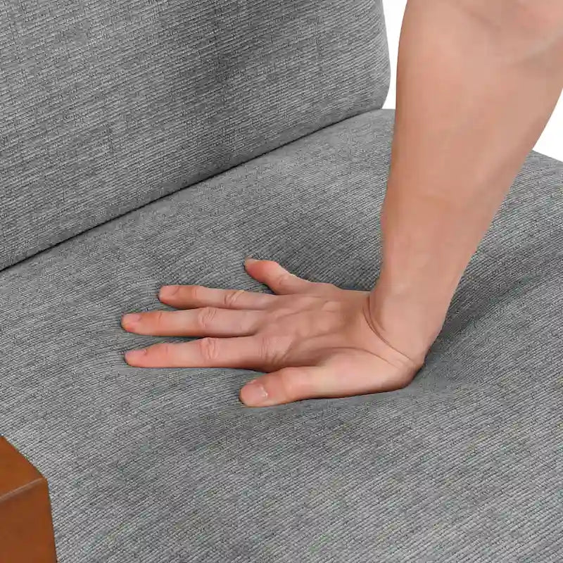 Beige Chenille Accent Armchair Chestnut Wood Arms Mid-Century Modern