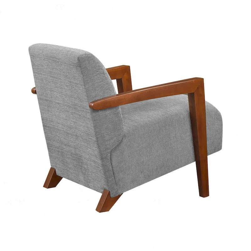 Beige Chenille Accent Armchair Chestnut Wood Arms Mid-Century Modern
