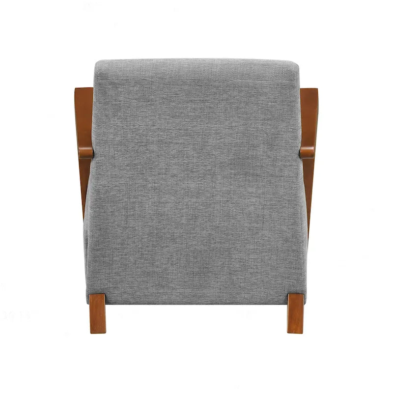 Beige Chenille Accent Armchair Chestnut Wood Arms Mid-Century Modern