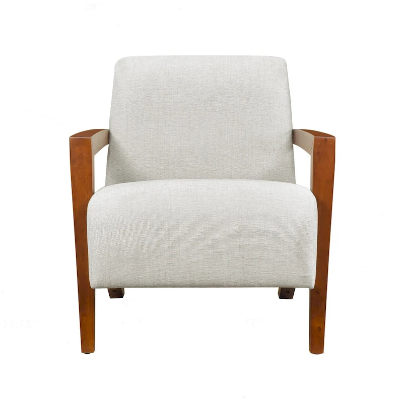 Beige Chenille Accent Armchair Chestnut Wood Arms Mid-Century Modern