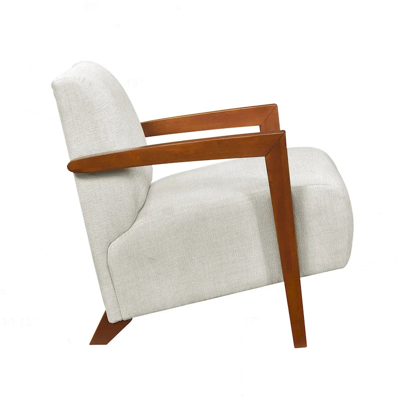 Beige Chenille Accent Armchair Chestnut Wood Arms Mid-Century Modern