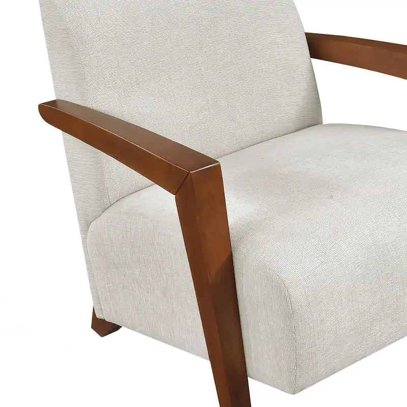 Beige Chenille Accent Armchair Chestnut Wood Arms Mid-Century Modern