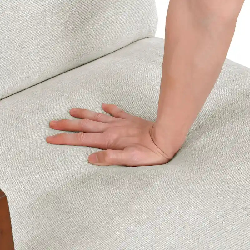 Beige Chenille Accent Armchair Chestnut Wood Arms Mid-Century Modern