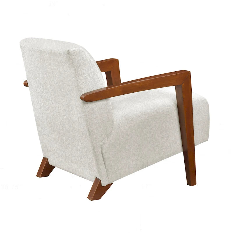 Beige Chenille Accent Armchair Chestnut Wood Arms Mid-Century Modern