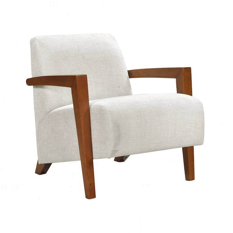 Beige Chenille Accent Armchair Chestnut Wood Arms Mid-Century Modern