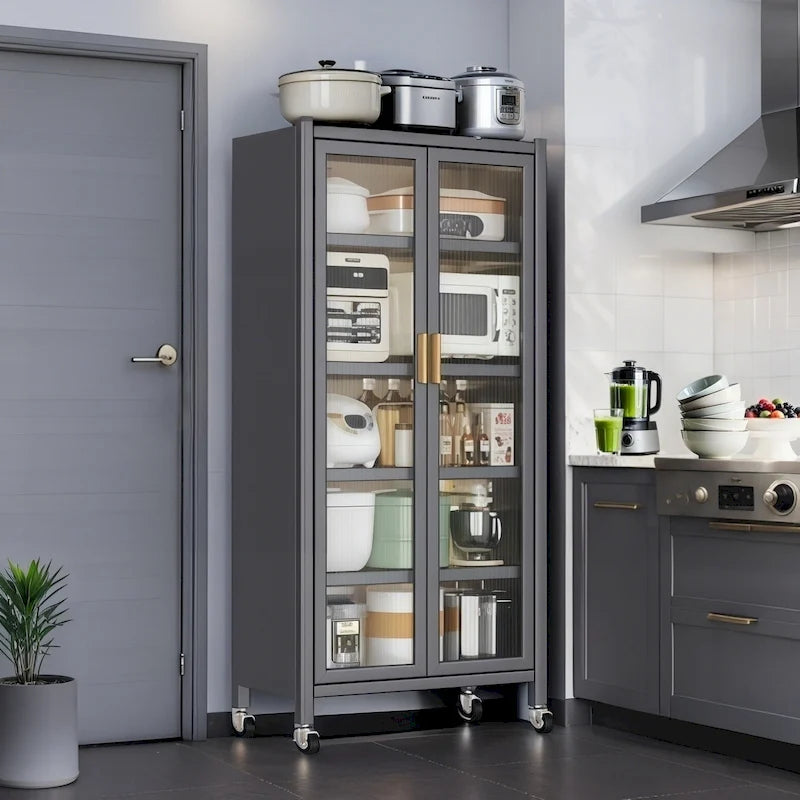 Gray 6-Tier Metal Kitchen Pantry Cabinet Glass Doors Adjustable Shelves Wheels