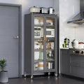 Gray 6-Tier Metal Kitchen Pantry Cabinet Glass Doors Adjustable Shelves Wheels