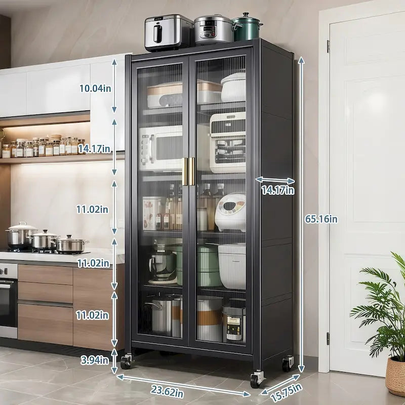 Gray 6-Tier Metal Kitchen Pantry Cabinet Glass Doors Adjustable Shelves Wheels