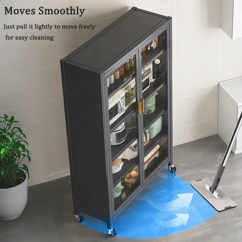 Gray 6-Tier Metal Kitchen Pantry Cabinet Glass Doors Adjustable Shelves Wheels