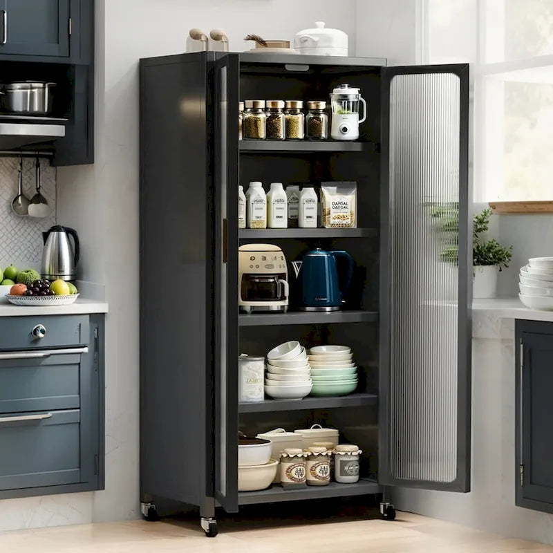 Gray 6-Tier Metal Kitchen Pantry Cabinet Glass Doors Adjustable Shelves Wheels