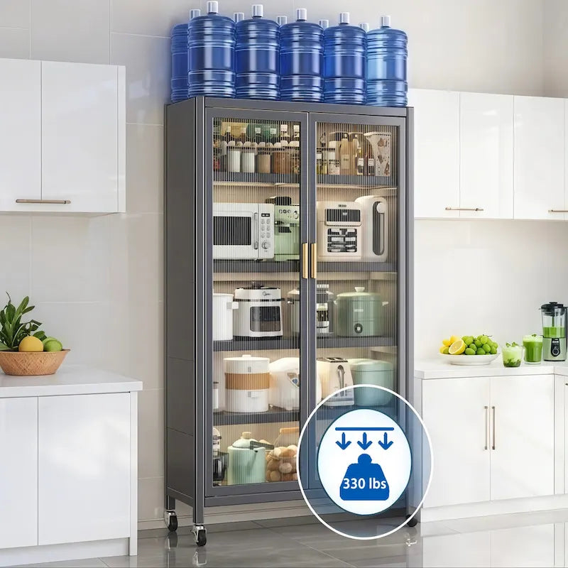 Gray 6-Tier Metal Kitchen Pantry Cabinet Glass Doors Adjustable Shelves Wheels