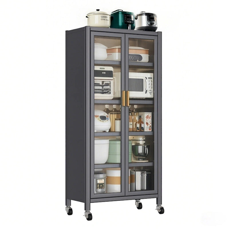 Gray 6-Tier Metal Kitchen Pantry Cabinet Glass Doors Adjustable Shelves Wheels