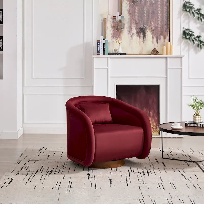 Wine Red Velvet Swivel Barrel Chair 360 Degree Round Wood Base Accent