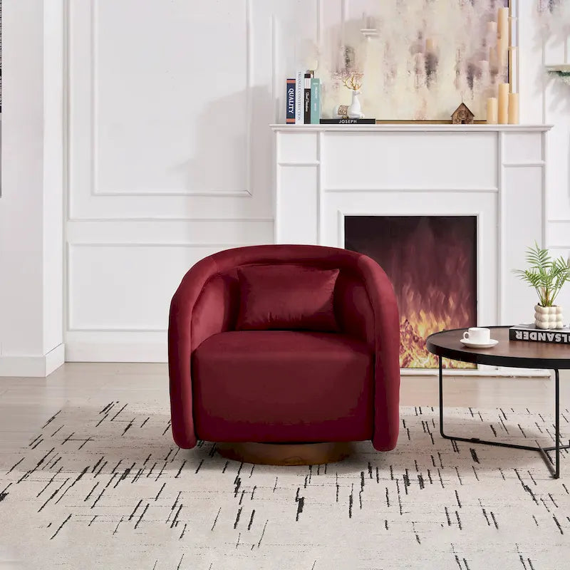 Wine Red Velvet Swivel Barrel Chair 360 Degree Round Wood Base Accent
