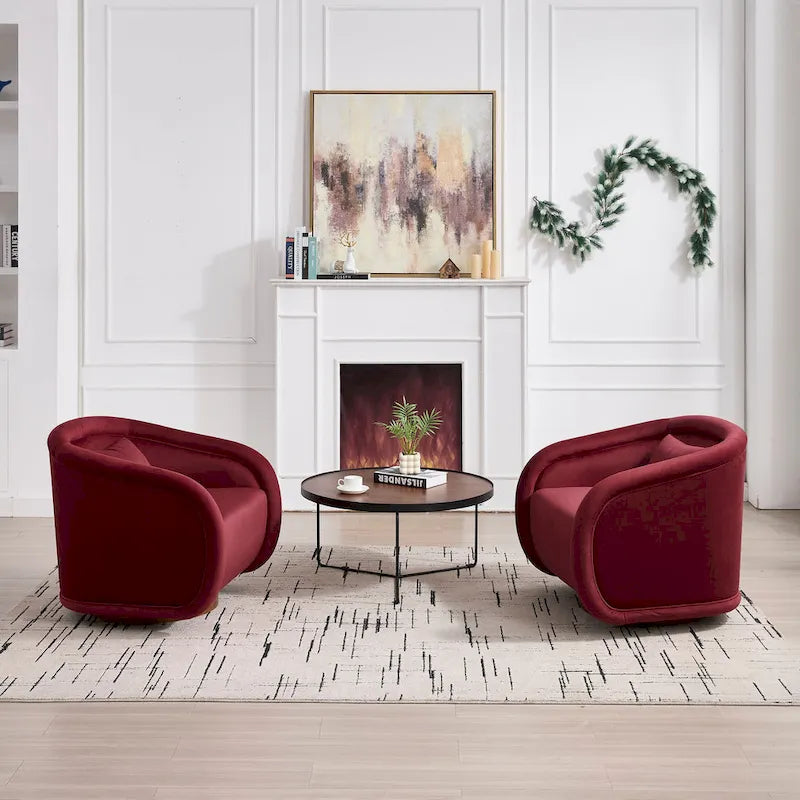 Wine Red Velvet Swivel Barrel Chair 360 Degree Round Wood Base Accent