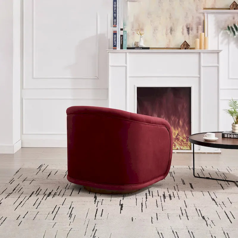 Wine Red Velvet Swivel Barrel Chair 360 Degree Round Wood Base Accent