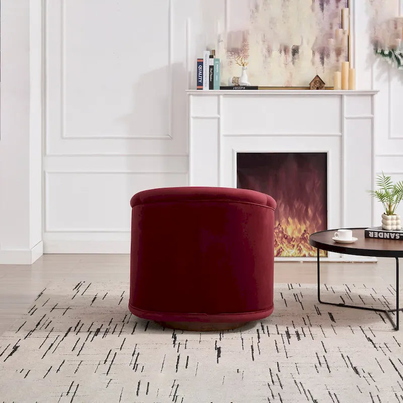 Wine Red Velvet Swivel Barrel Chair 360 Degree Round Wood Base Accent