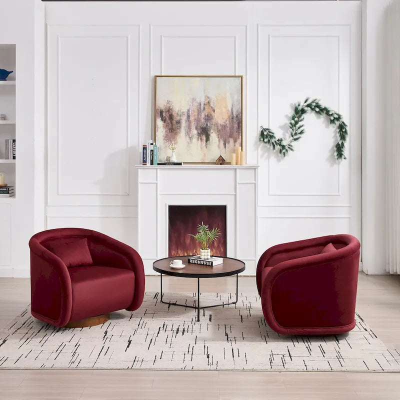 Wine Red Velvet Swivel Barrel Chair 360 Degree Round Wood Base Accent