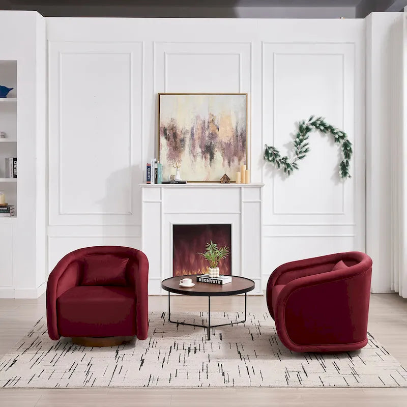 Wine Red Velvet Swivel Barrel Chair 360 Degree Round Wood Base Accent