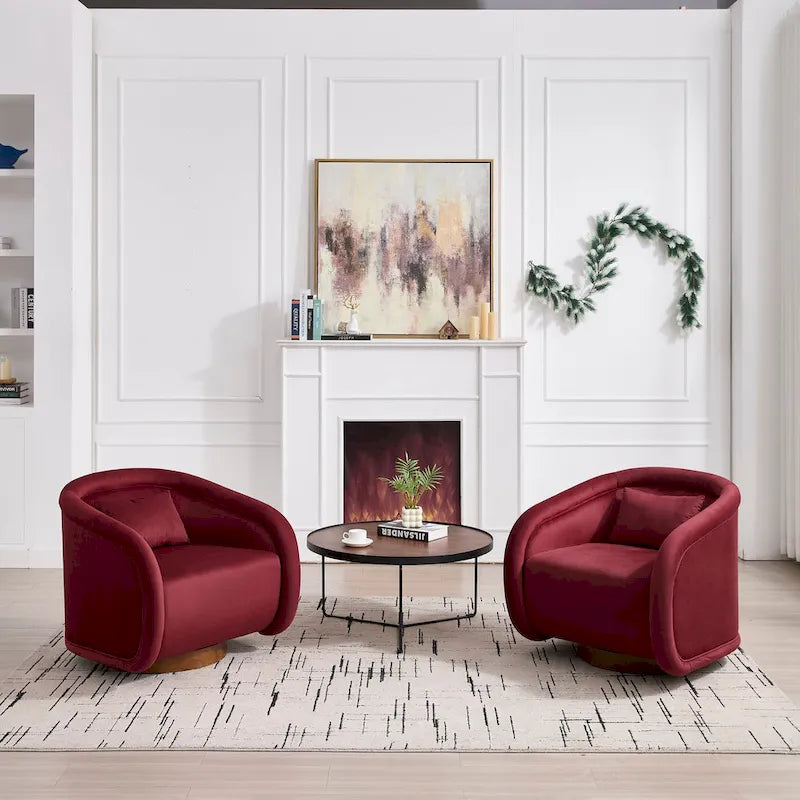 Wine Red Velvet Swivel Barrel Chair 360 Degree Round Wood Base Accent