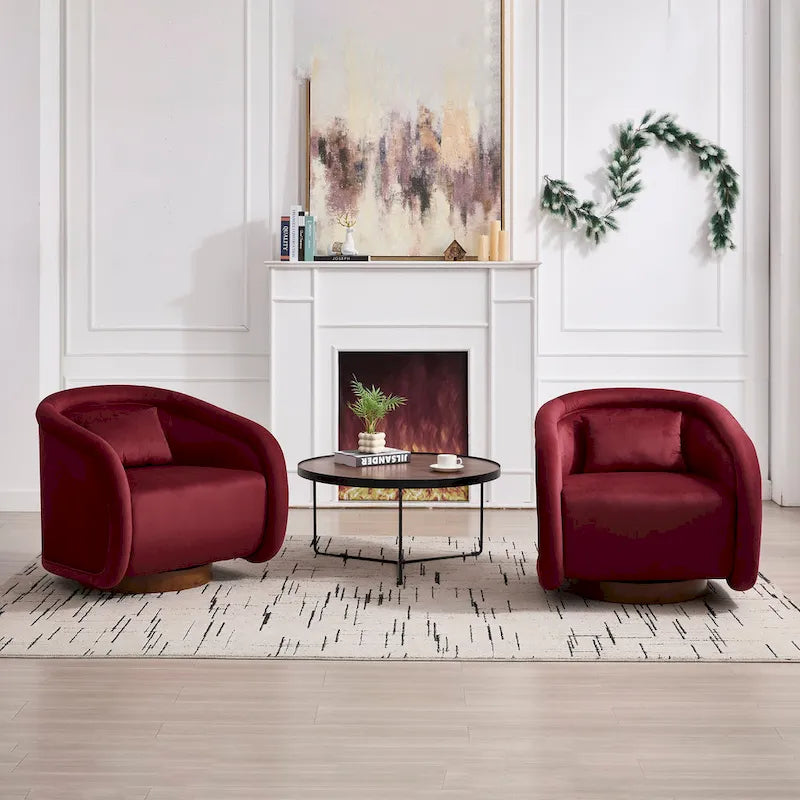 Wine Red Velvet Swivel Barrel Chair 360 Degree Round Wood Base Accent